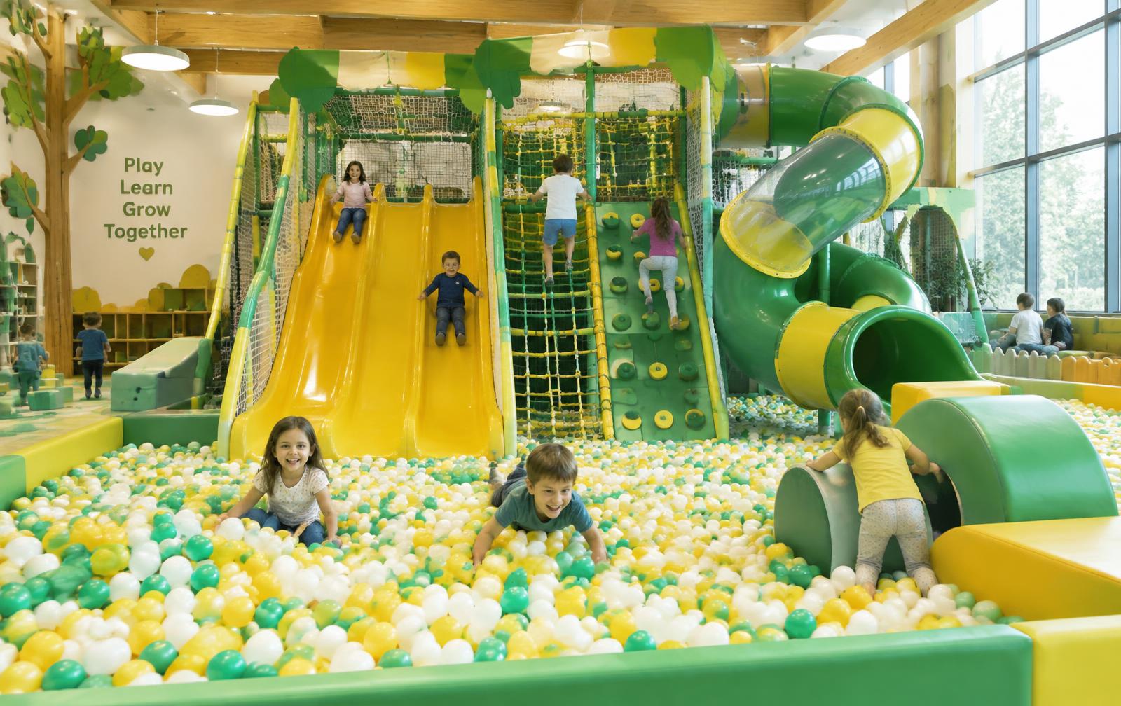 Kinder rutschen und spielen im Bällebad des Tobelinoo Indoor-Spielplatzes